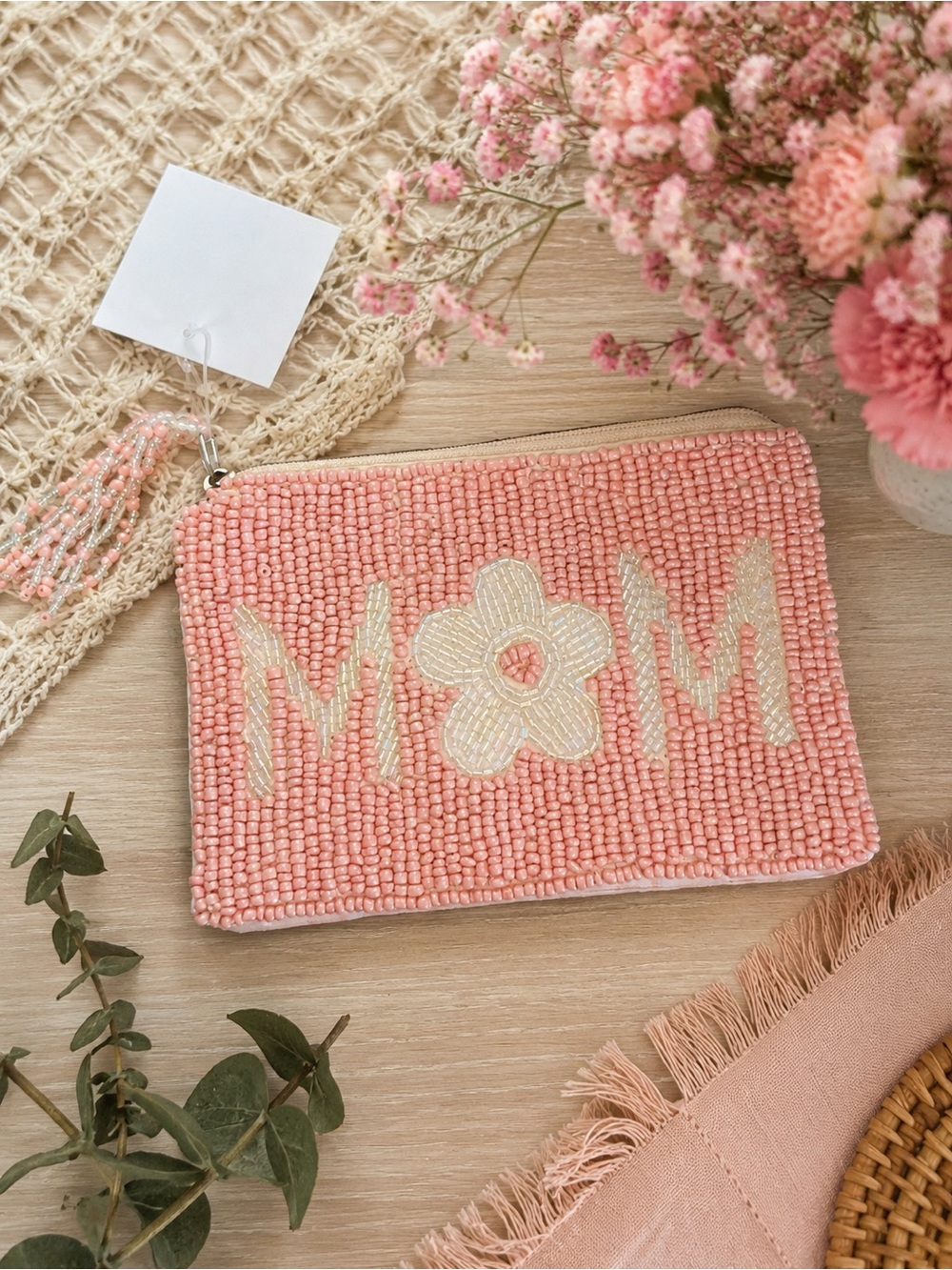 Beaded 'MOM' Pink Pouch - Stylish Accent Bag